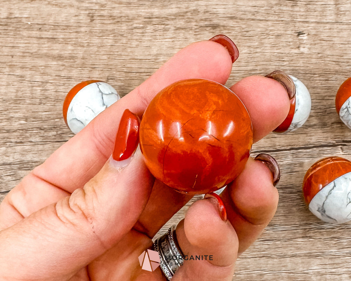 Stone Pokémon Ball in Howlite and Red Jasper – Unique Crystal Ball for Calm, Strength & Collectors