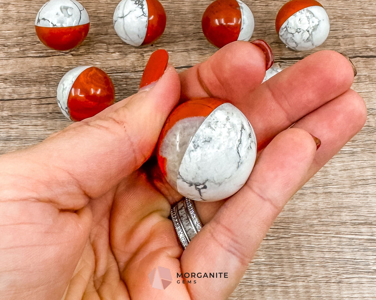 Stone Pokémon Ball in Howlite and Red Jasper – Unique Crystal Ball for Calm, Strength & Collectors