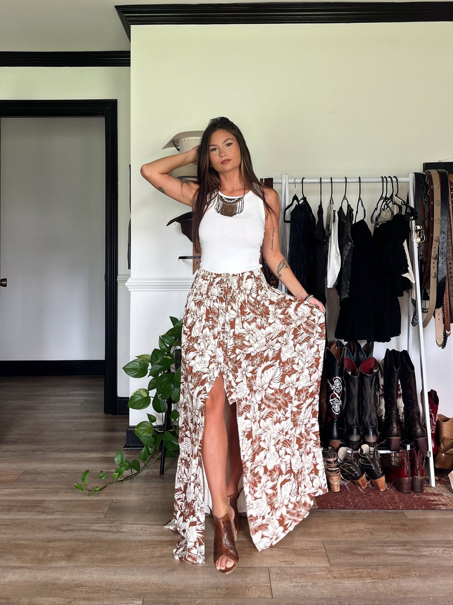 Taupe Floral Print Smocked Maxi Skirt