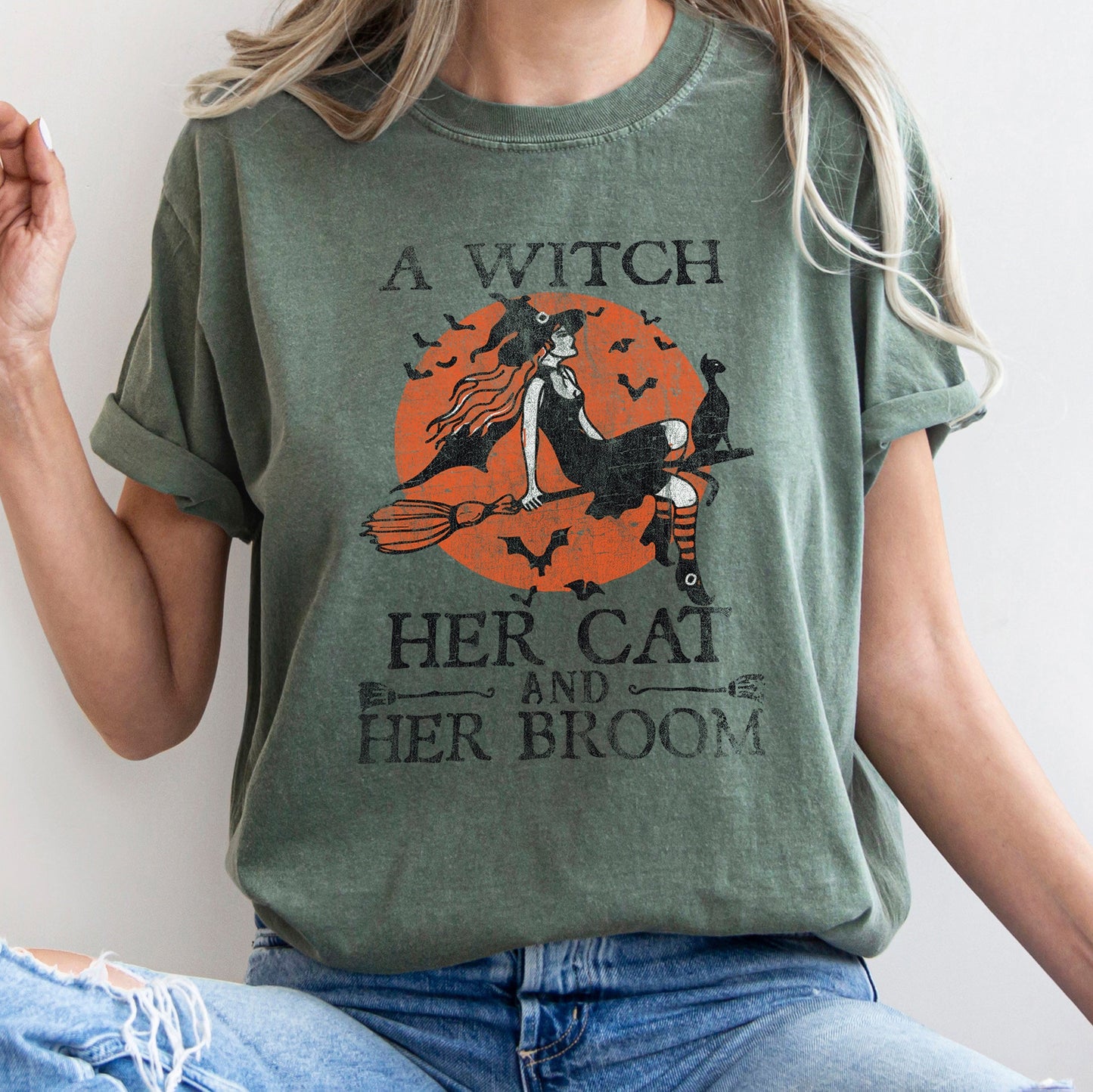 A Witch, Her Cat And Her Broom Retro - Comfort Colors Tshirt