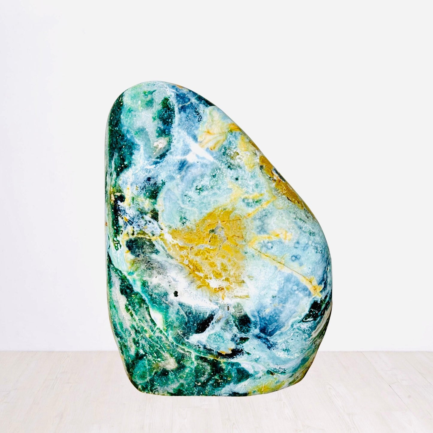 XL Polished Ocean Jasper Freeform – Cascading Green & Golden Veins – Natural Stone for Home Decor & Spiritual Balance