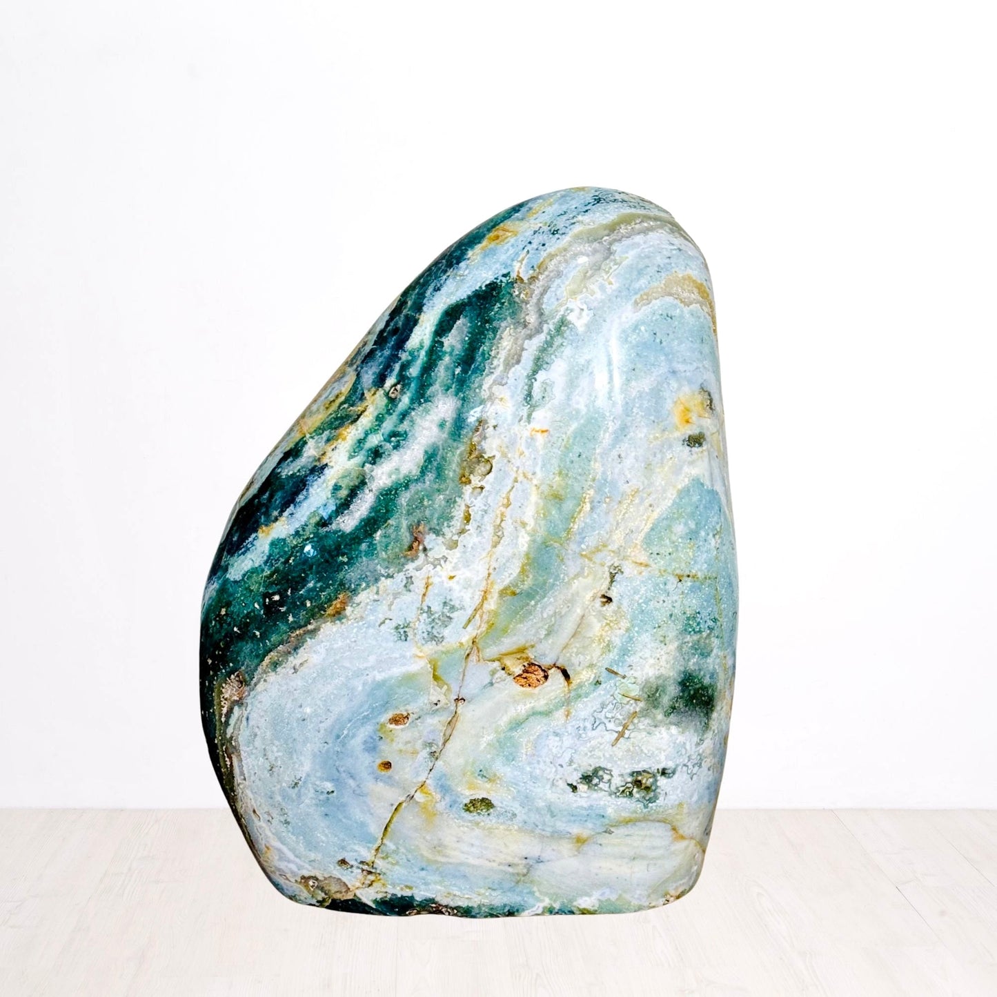 XL Polished Ocean Jasper Freeform – Cascading Green & Golden Veins – Natural Stone for Home Decor & Spiritual Balance