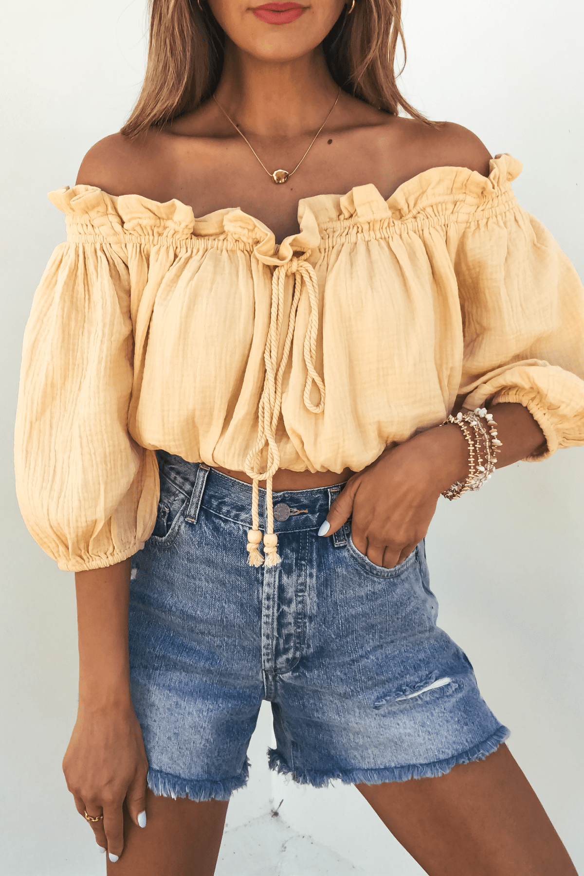 Yellow Bubble Hem Off The Shoulder Top