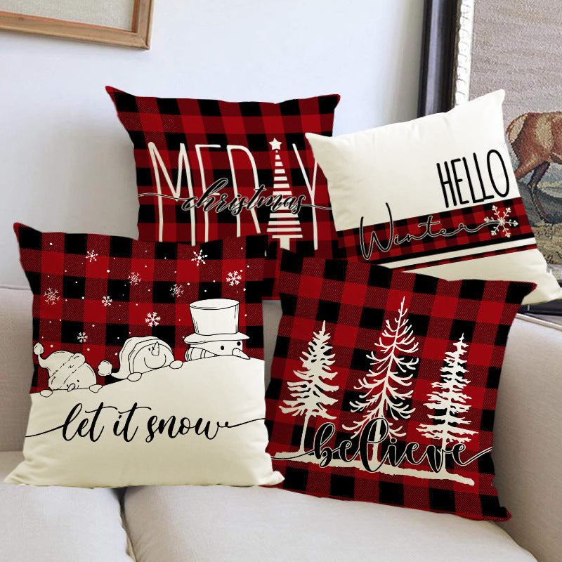 Christmas Pillowcase Linen Red Black Checkered Letter Printed Pillow Cover Holiday Living Room Decoration