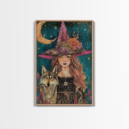 Cottage Core Witch with Wolf - wall art