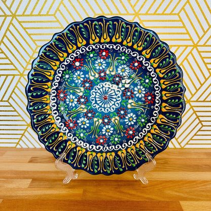 10” Turkish Ceramic Handmade & Painted Plate - Blue, Green, Yellow Dot Art Floral Tulip Patterned - Wall Hanging or Stand Use