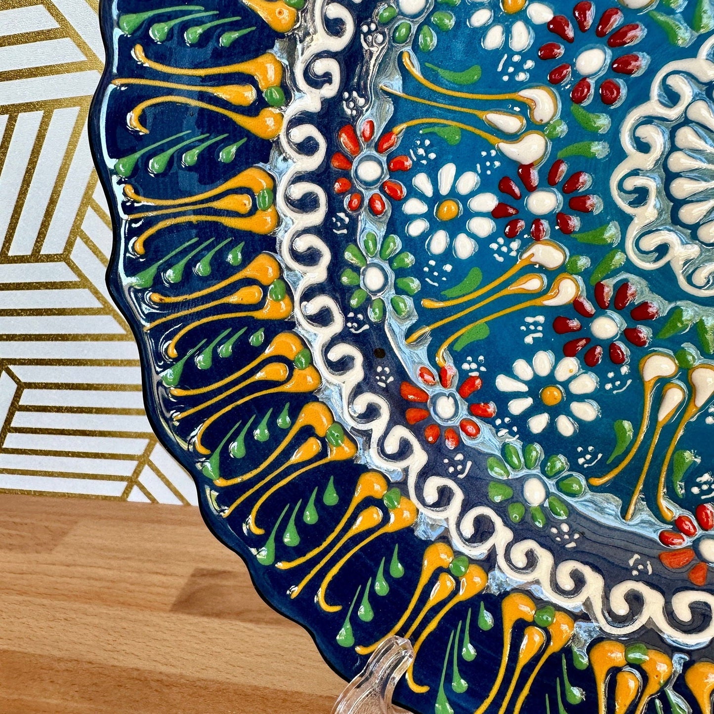 10” Turkish Ceramic Handmade & Painted Plate - Blue, Green, Yellow Dot Art Floral Tulip Patterned - Wall Hanging or Stand Use