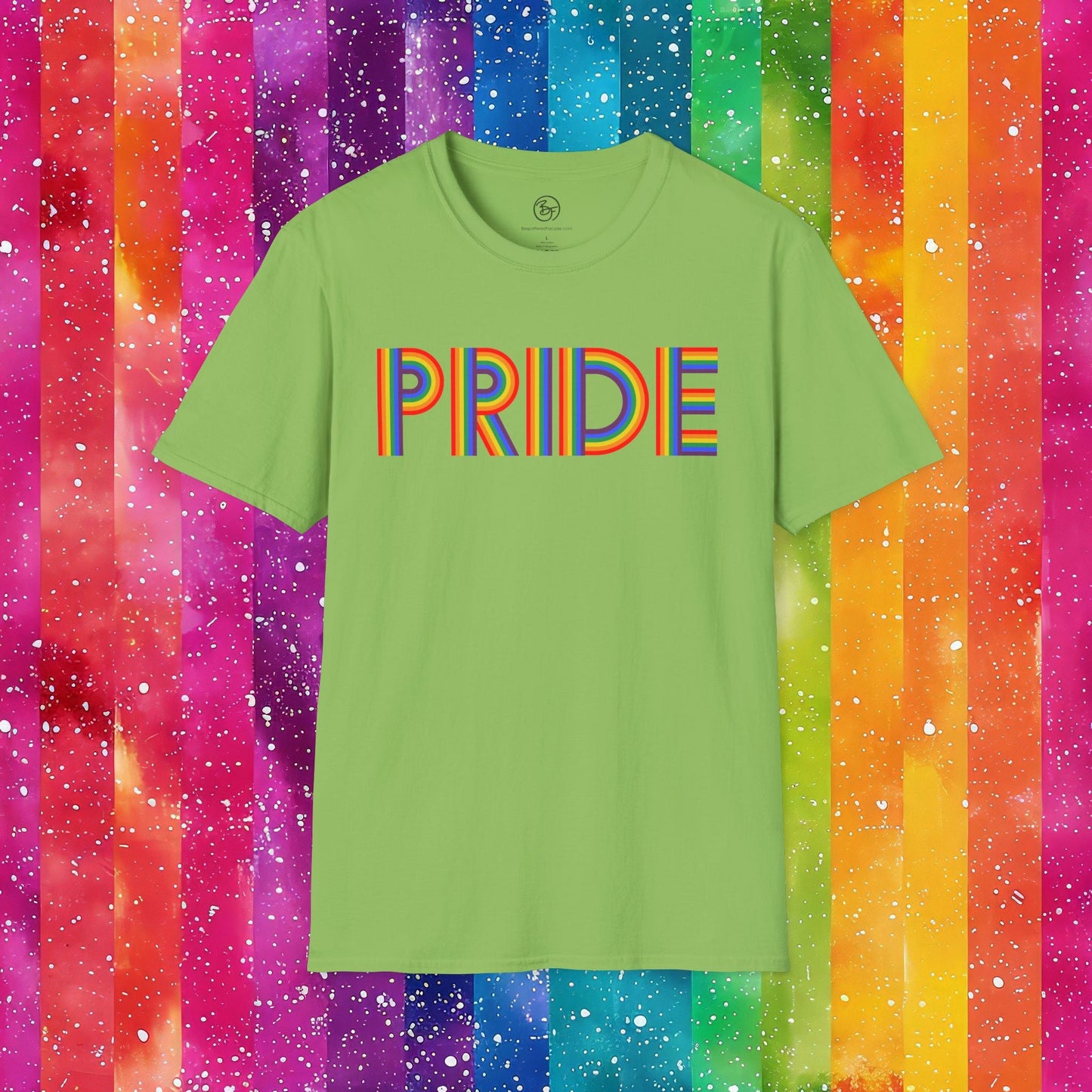 Bespattered Facade Rainbow Pride Ribbon Letters Unisex Softstyle T-Shirt