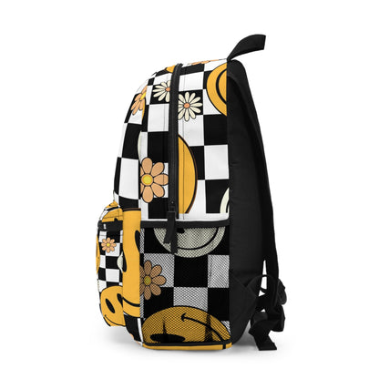 Happy face and Daisy flowers Backpack. Black and white Checkered and yellow and white happy face backpack for him or her. Back to school bag