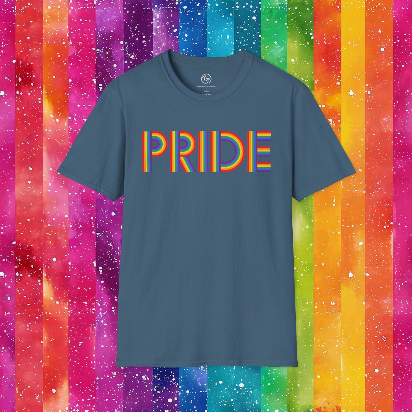 Bespattered Facade Rainbow Pride Ribbon Letters Unisex Softstyle T-Shirt