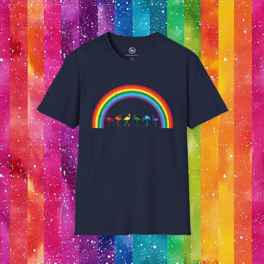 Bespattered Facade Rainbow Flamingos Unisex Softstyle T-Shirt