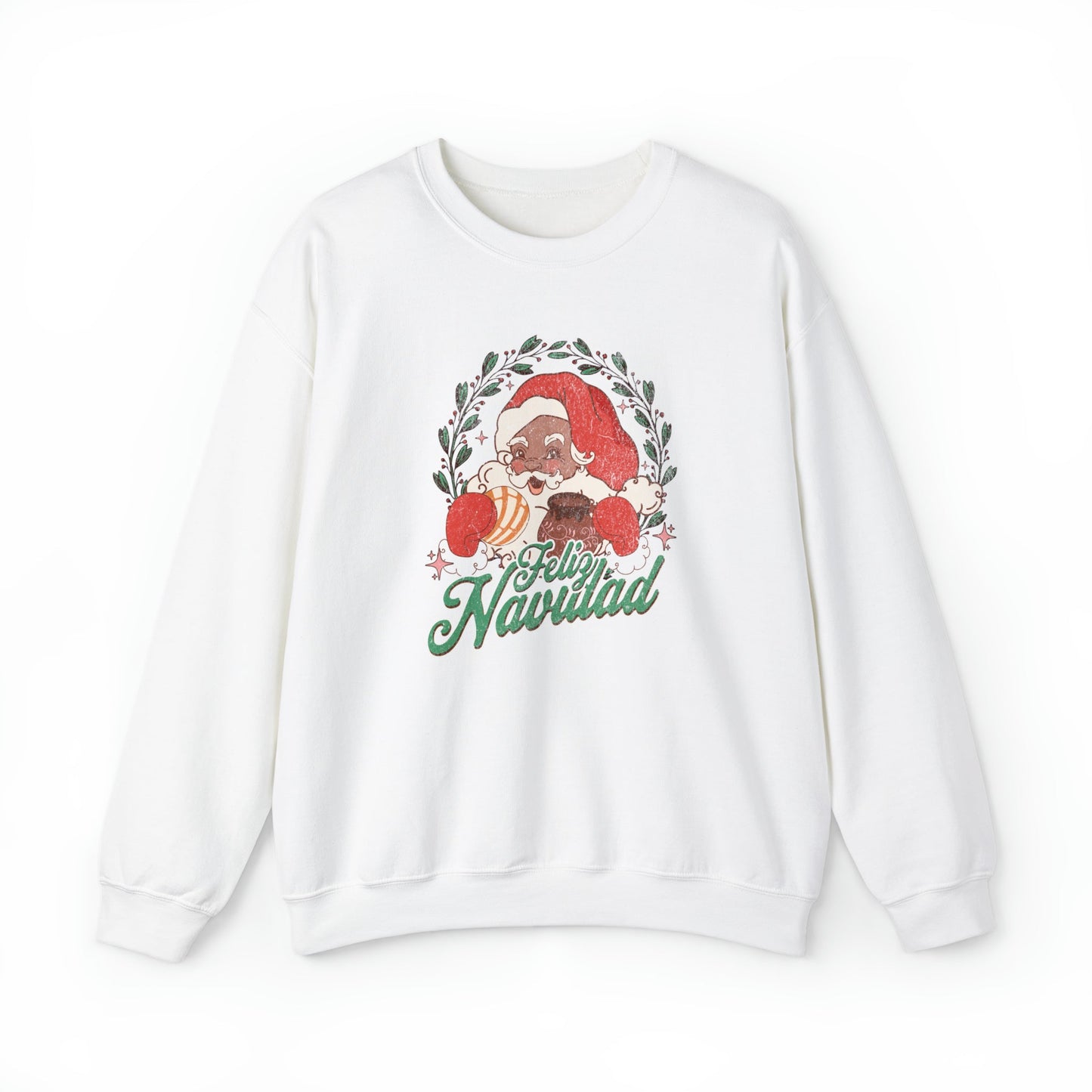 Feliz navidad  Heavy Blend Crewneck Sweatshirt for him or her. Santa Claus eating concha and drinking cafecito.