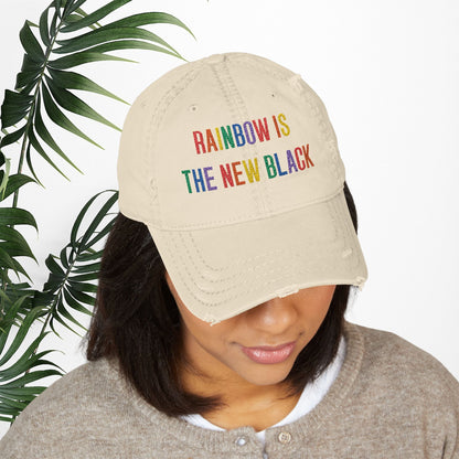 Bespattered Facade "Rainbow Is the New Black" Colorful Embroidered Distressed Dad Hat