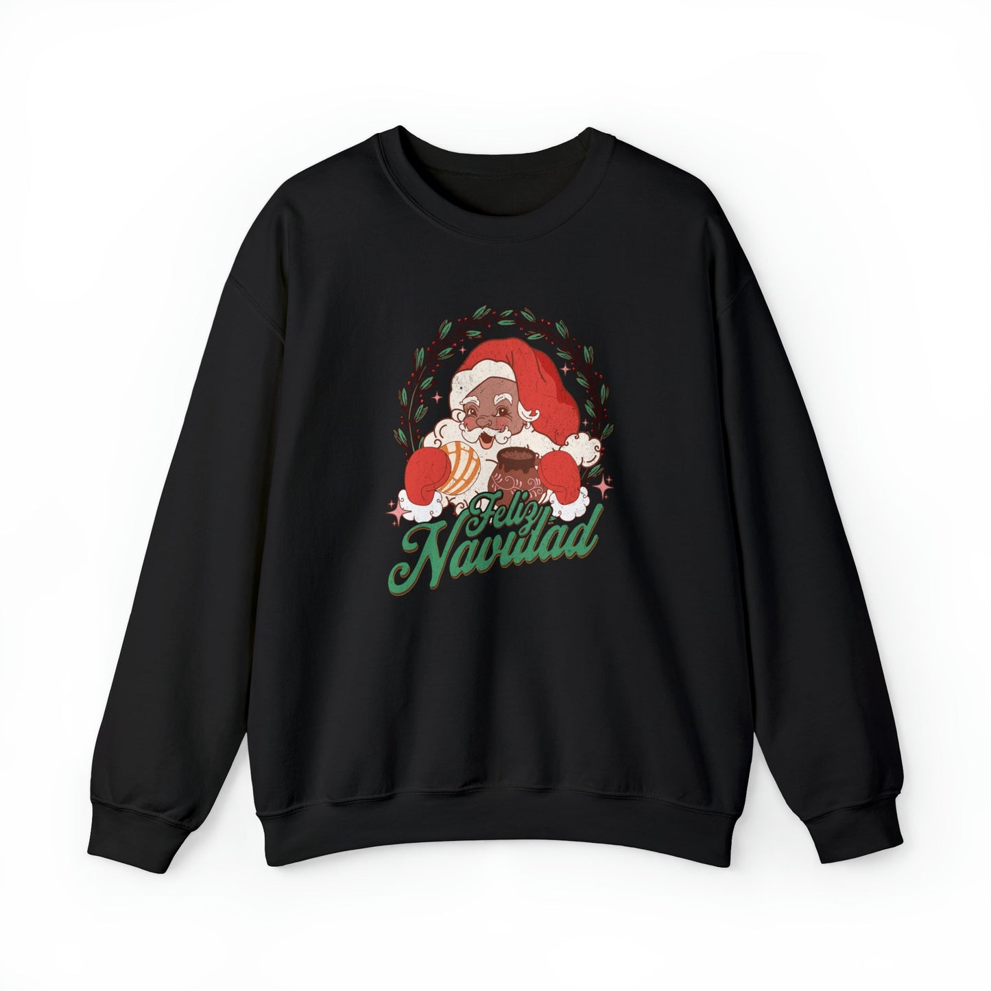 Feliz navidad  Heavy Blend Crewneck Sweatshirt for him or her. Santa Claus eating concha and drinking cafecito.
