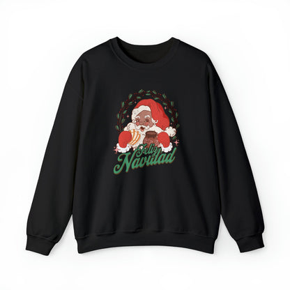 Feliz navidad  Heavy Blend Crewneck Sweatshirt for him or her. Santa Claus eating concha and drinking cafecito.