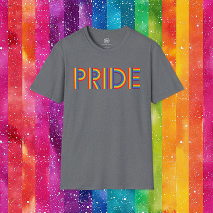 Bespattered Facade Rainbow Pride Ribbon Letters Unisex Softstyle T-Shirt