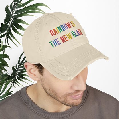 Bespattered Facade "Rainbow Is the New Black" Colorful Embroidered Distressed Dad Hat