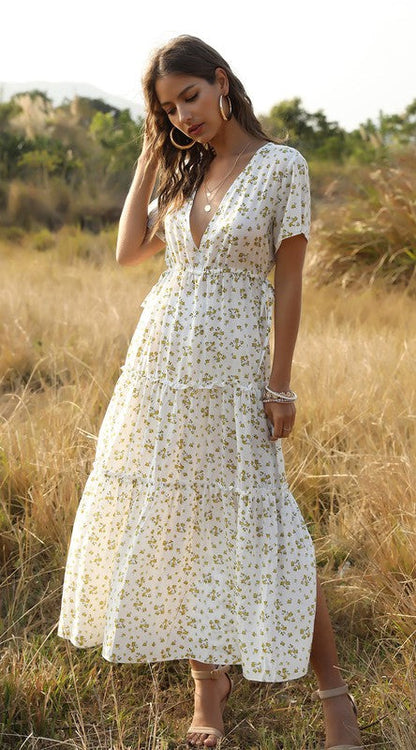 V neck floral tiered midi dress