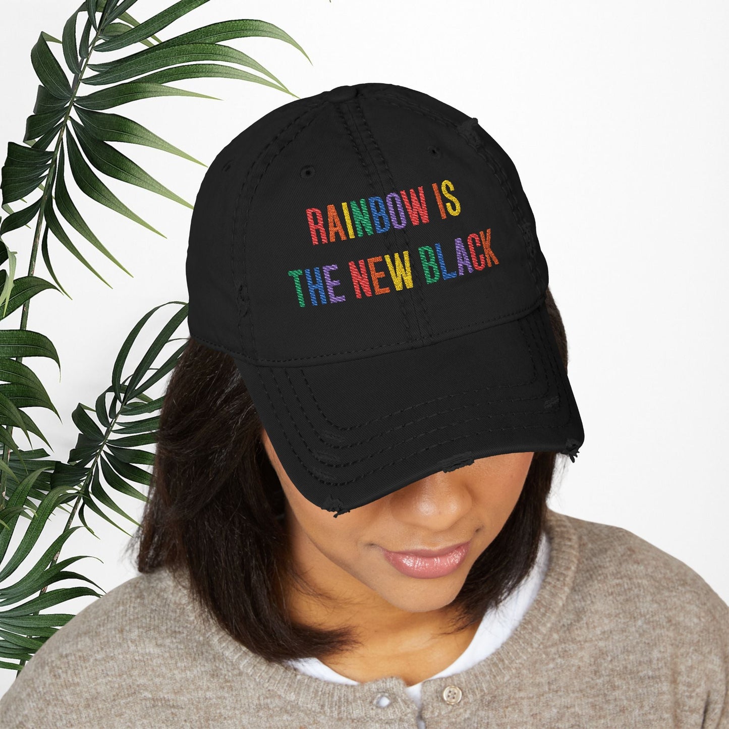 Bespattered Facade "Rainbow Is the New Black" Colorful Embroidered Distressed Dad Hat
