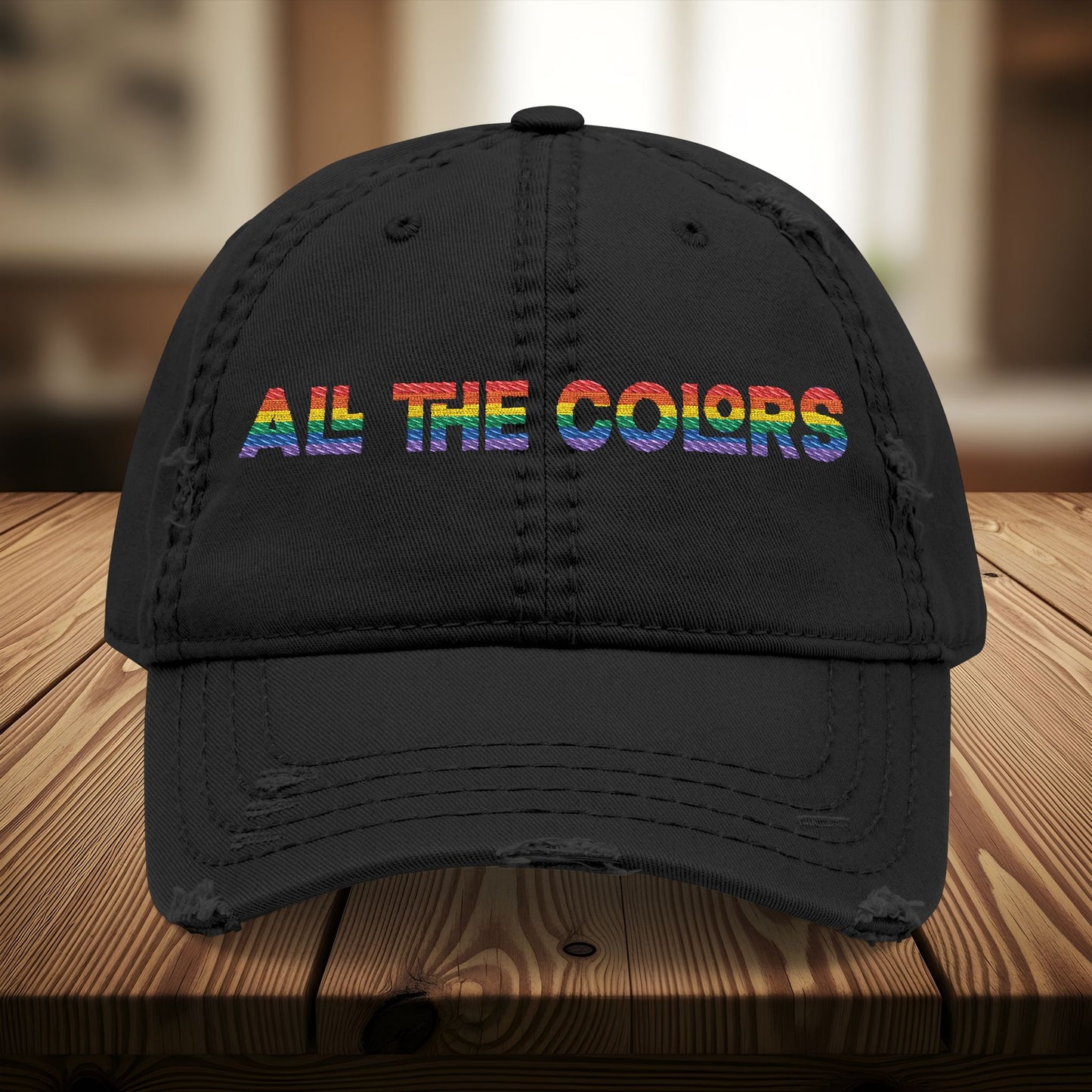 Bespattered Facade "All the Colors" Rainbow Embroidered Distressed Dad Hat