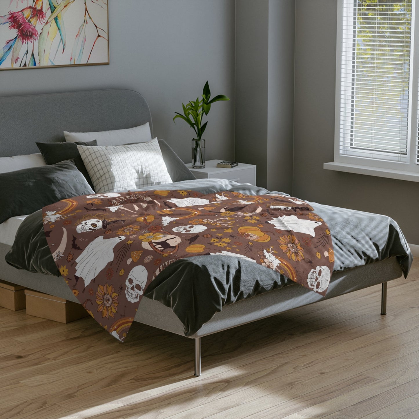 Boho Halloween Blanket for spooky season. Printed blanket with boho vibes and spooky vibes.