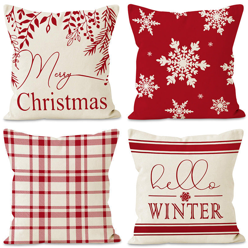 Christmas Snowflake Pillow Cover Linen Checkered Letter Printed Pillow Cover Christmas Theme Cushion Cover