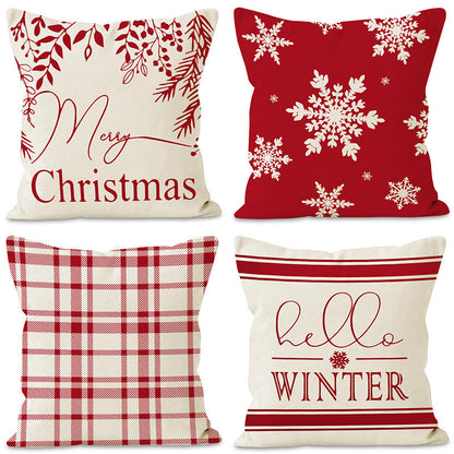 Christmas Snowflake Pillow Cover Linen Checkered Letter Printed Pillow Cover Christmas Theme Cushion Cover