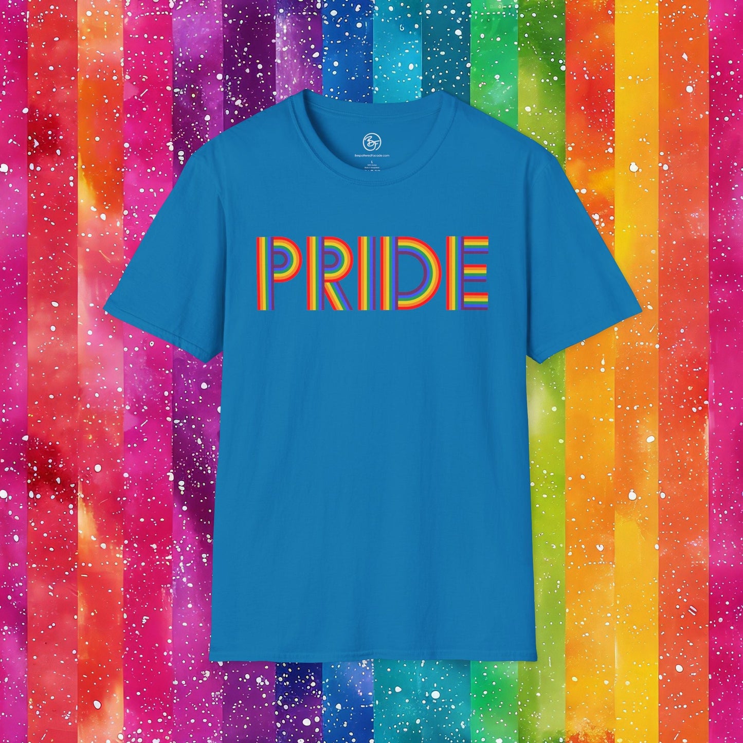 Bespattered Facade Rainbow Pride Ribbon Letters Unisex Softstyle T-Shirt
