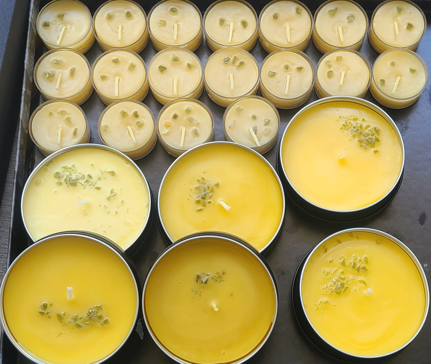 Pure Beeswax Tealight Candles with Moldavite Chips