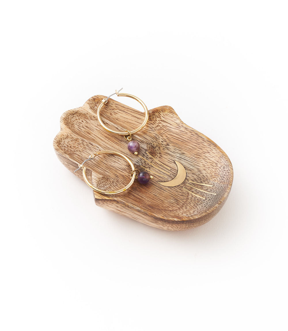 Hamsa Jewelry Tray Trinket Dish - Wood, Brass inlay