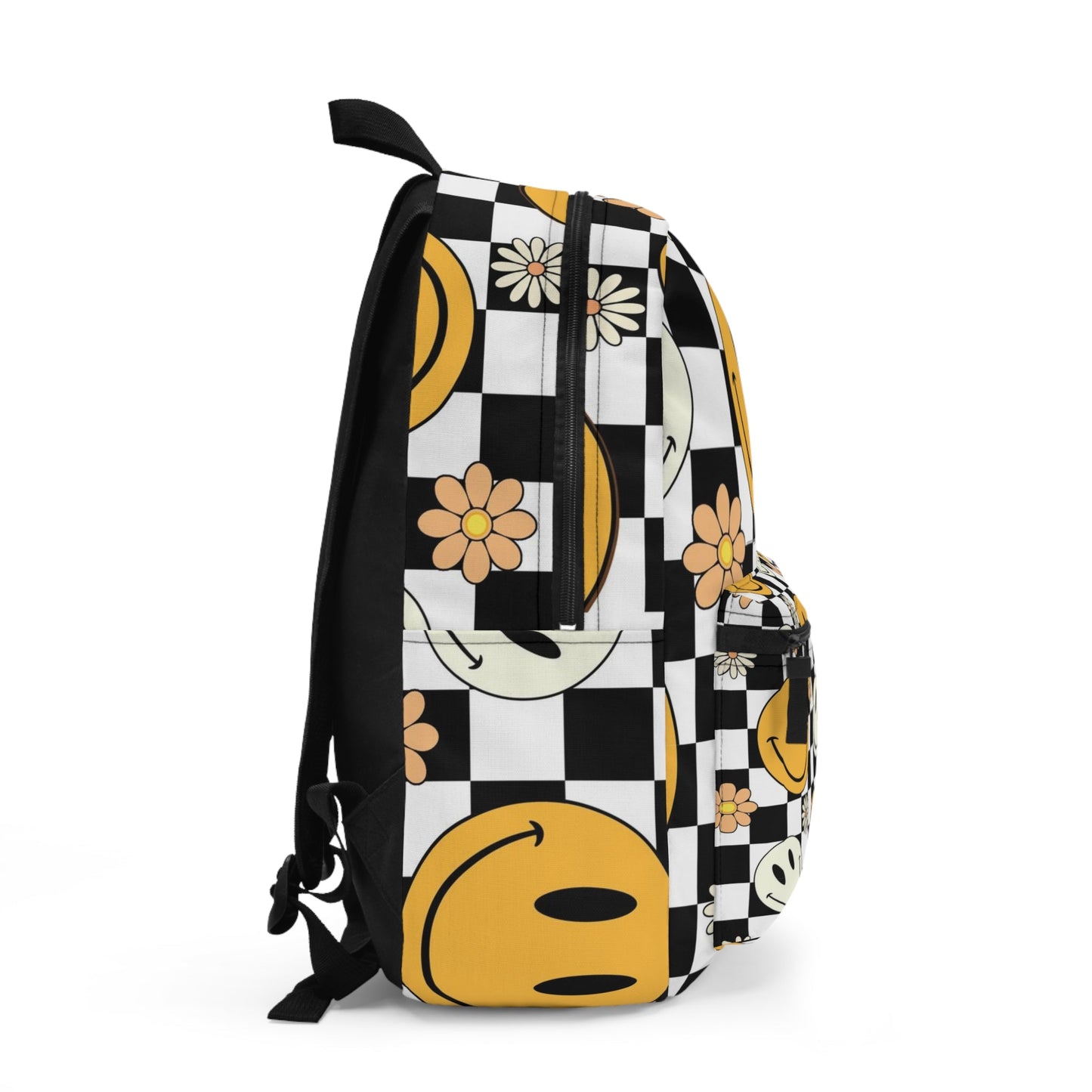 Happy face and Daisy flowers Backpack. Black and white Checkered and yellow and white happy face backpack for him or her. Back to school bag