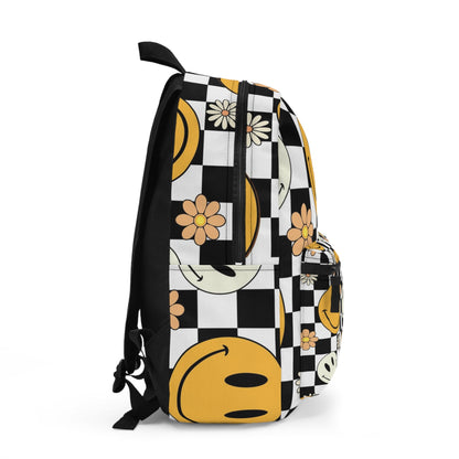 Happy face and Daisy flowers Backpack. Black and white Checkered and yellow and white happy face backpack for him or her. Back to school bag