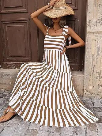 Striped and Floral Sleeveless Maxi Dress