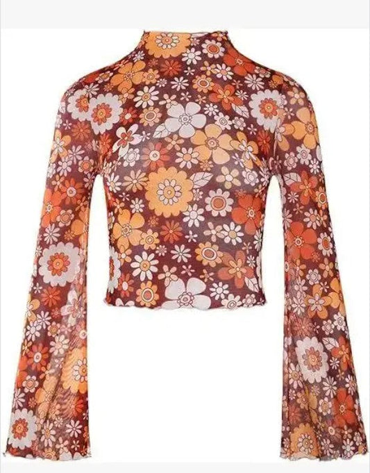 Mesh cropped printed top