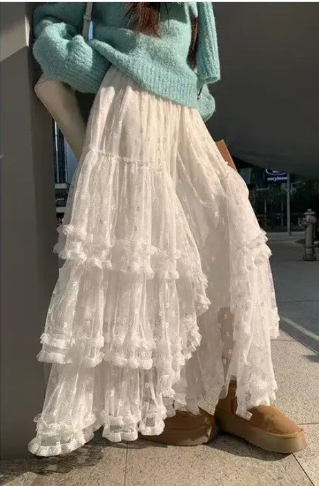 Lace ruffle mesh maxi skirt