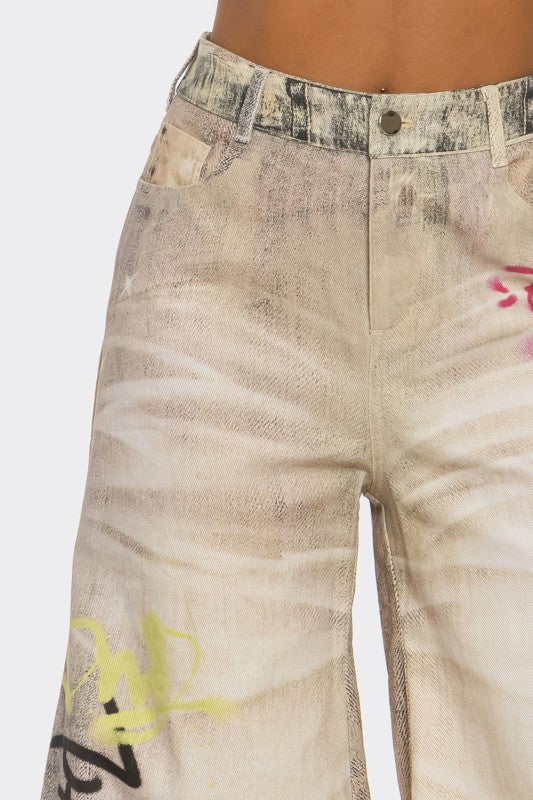 Street Poet Graffiti Wide-Leg Jeans