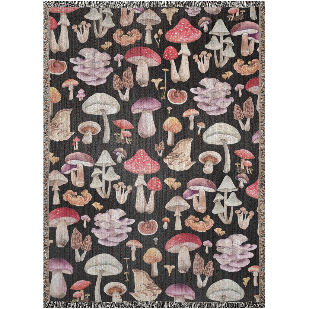 Mushroom Woven Blankets For Mushroom Lover or Mycologist. Fungus blanket with shiitake, amanita, chanterelle, enokitake. Mushroom bedding.