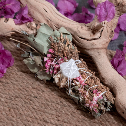 Floral Smudge Wand with Quartz Crystal Pink