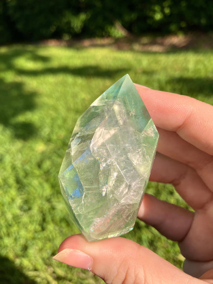 Green Fluorite Faceted Flame – Polished Crystal for Clarity & Healing