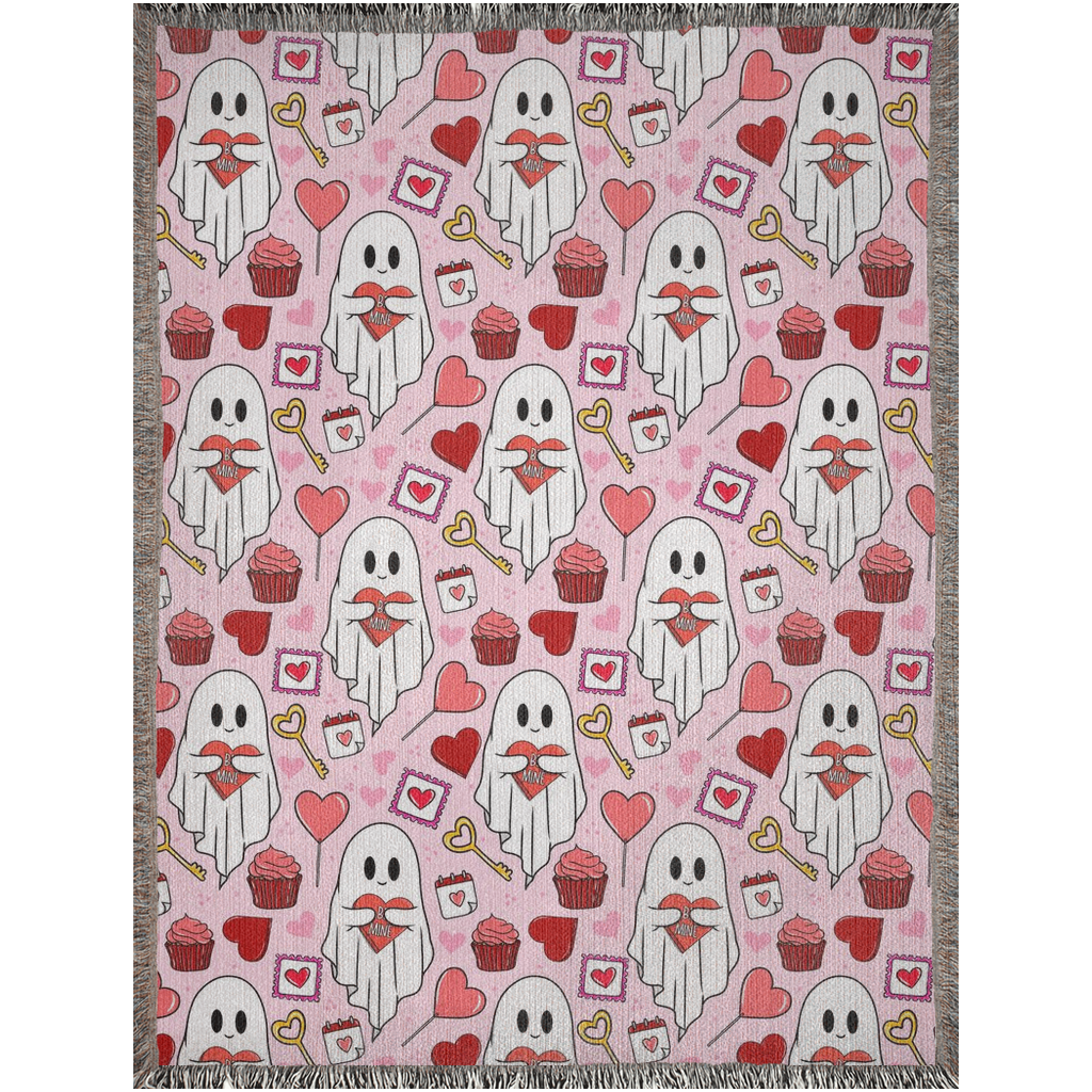 Ghost lover Woven Blankets for Valentine’s Day. Cute ghost holding hearts. Spooky Valentines Day.