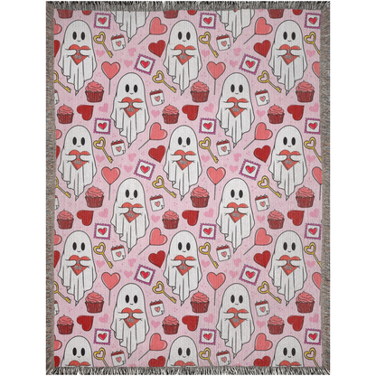 Ghost lover Woven Blankets for Valentine’s Day. Cute ghost holding hearts. Spooky Valentines Day.