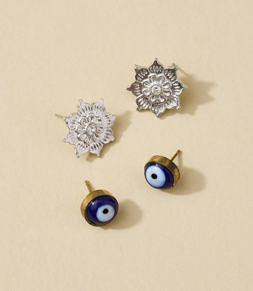 Evil Eye Charm Stud Earrings - Set of 2