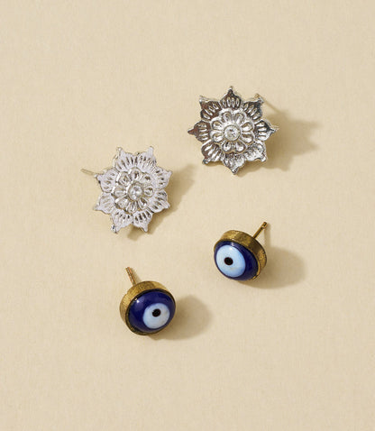 Evil Eye Charm Stud Earrings - Set of 2
