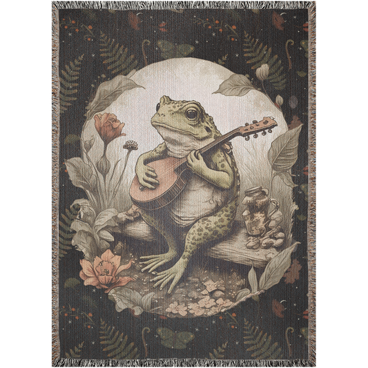 Frog Woven Blanket for Frog Lover or toad lover. Cottagecore home Decor. Frog Playing Banjo Art. Dark cottagecore decor.