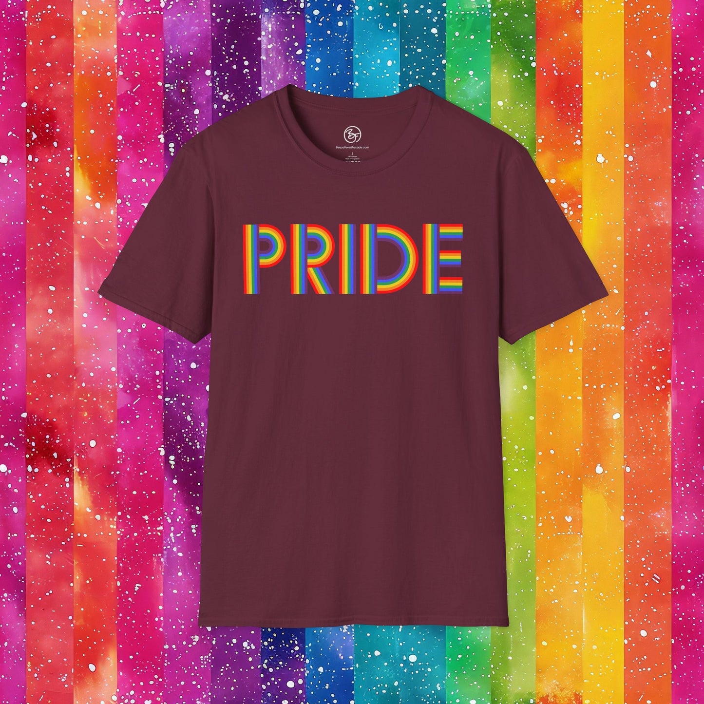 Bespattered Facade Rainbow Pride Ribbon Letters Unisex Softstyle T-Shirt