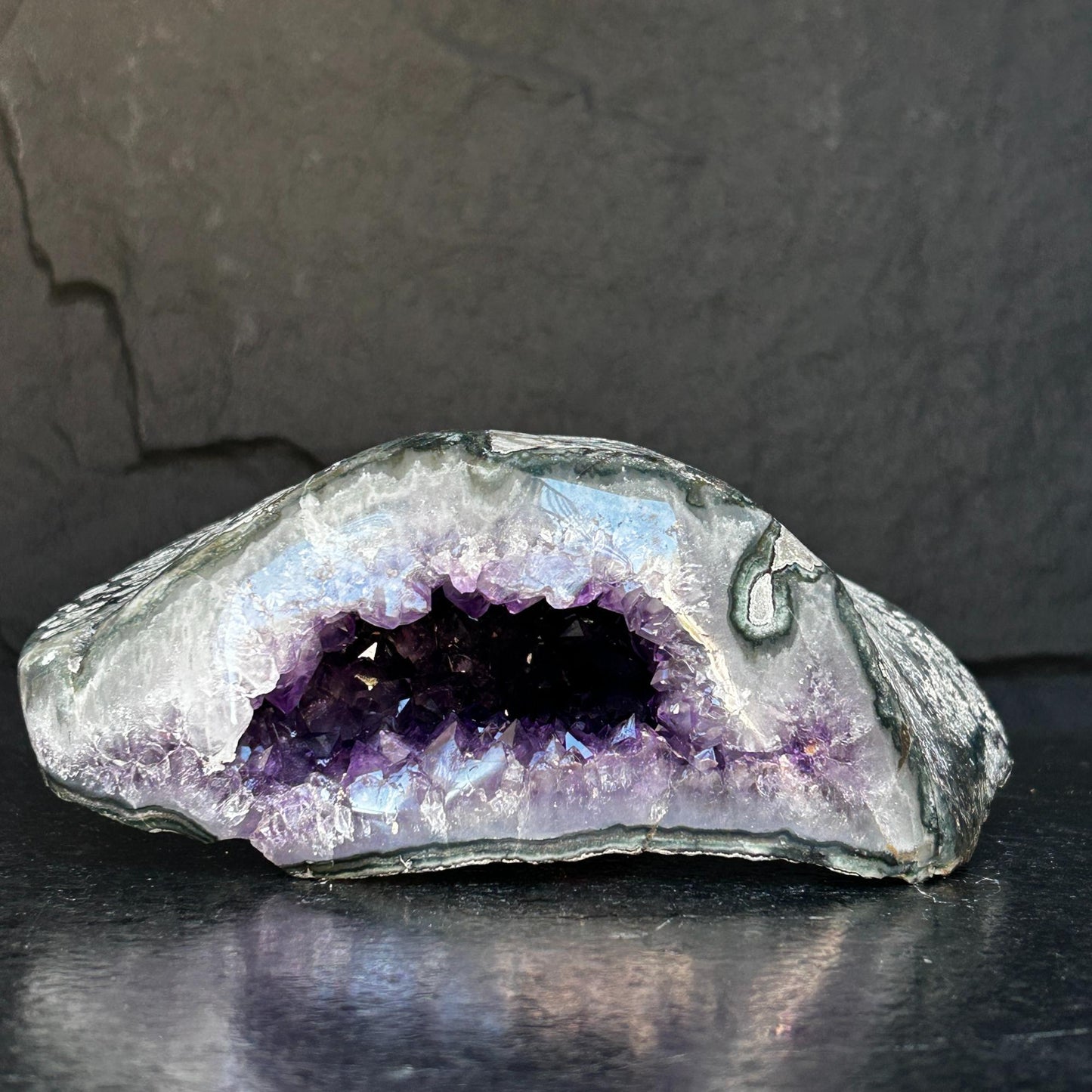 The largest Amethyst Geode Centerpiece, Extra Large decor piece, Outstanding Purple crystal with green agate details