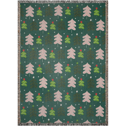 Christmas Tree Woven Blanket for holiday season. Green throw woven blanket with Christmas tree.