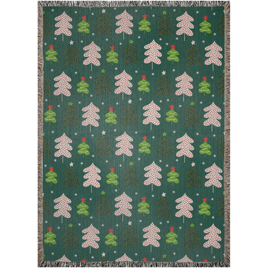 Christmas Tree Woven Blanket for holiday season. Green throw woven blanket with Christmas tree.