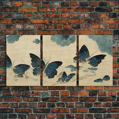 Japanese Butterflies, 3 Piece Wall Art, Ready To Hang Canvas Print, Cool Living Room Wall Art Decor