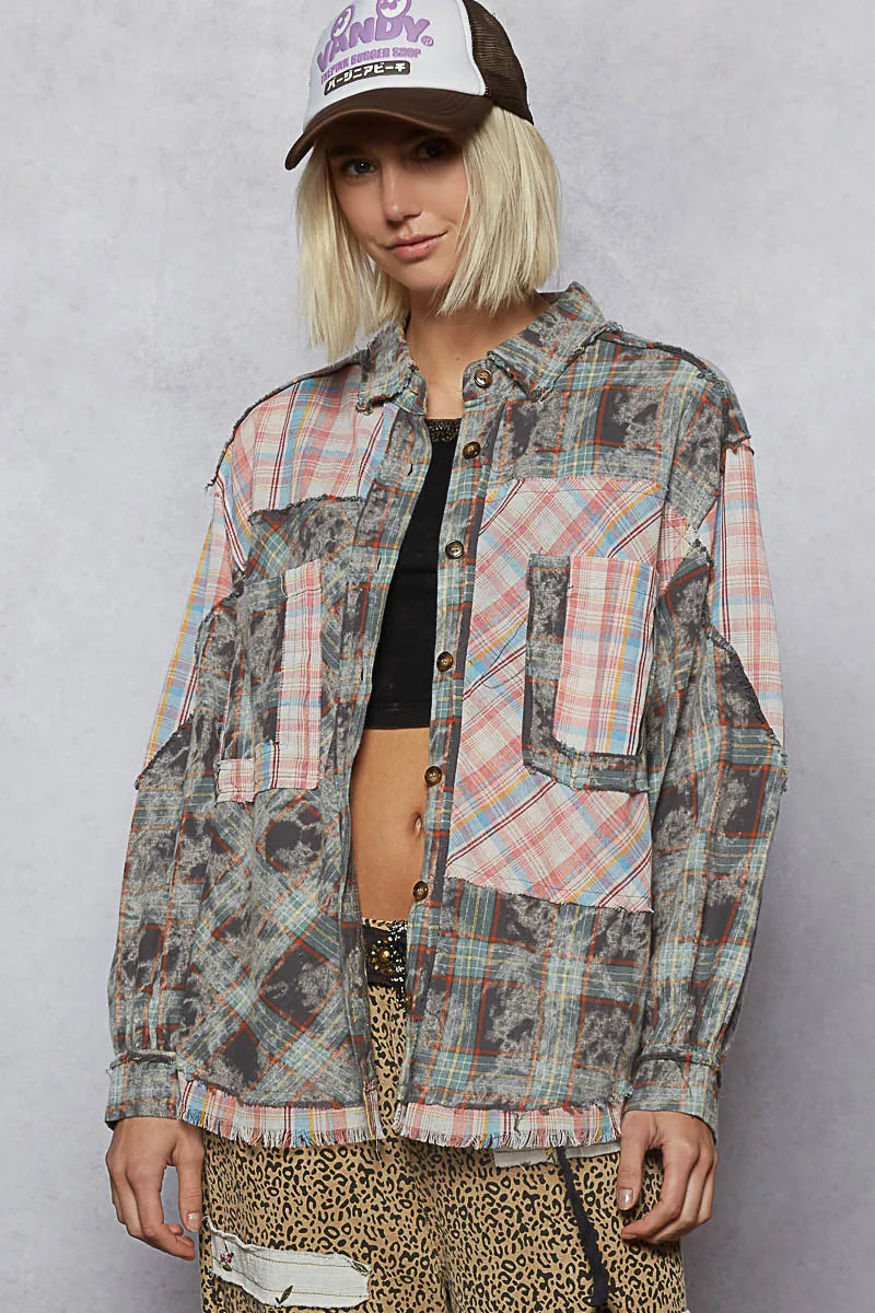 POL Plaid Patchwork Long Sleeve Shirt with Raw Edge Detail